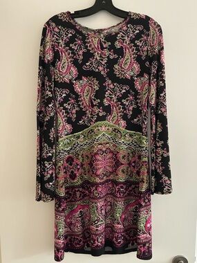 Black Paisley Print Long-Sleeve Dress with Pink and Green Accents